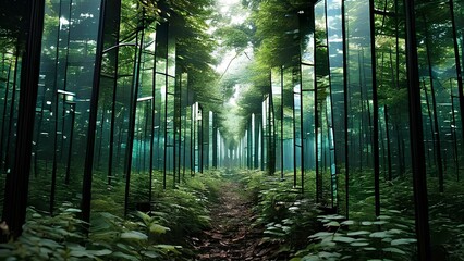 A forest of mirrors where reality fractures into infinite possibilities - obrazy, fototapety, plakaty