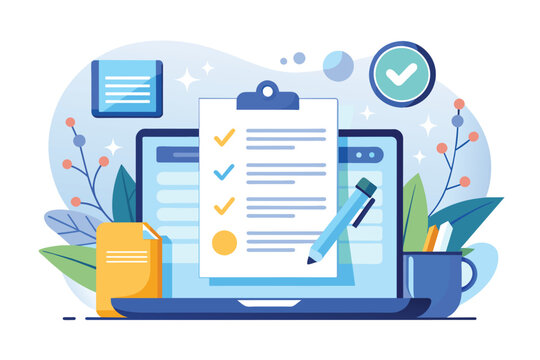 A clipboard displaying a checklist for an online employment contract, featuring checkboxes to mark completed tasks, Online employment contract, Simple and minimalist flat Vector Illustration