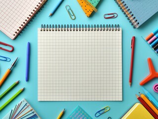School supplies and stationery on blue background top view. Generative AI.