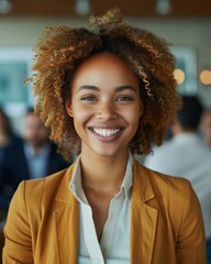 A smiling woman with curly hair in a business setting. Generative AI.