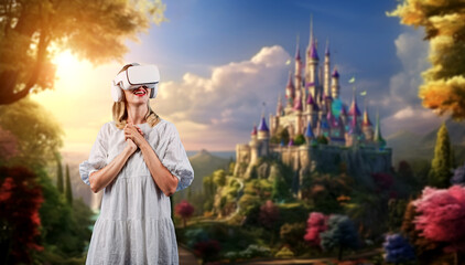 Skilled girl in pajamas excited with metaverse by using VR goggle at fantasy palace. Caucasian woman surprised while looking around at magical view looking though visual reality goggles. Contraption.