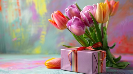 Vibrant tulips blooming beautifully alongside a charming gift box against a colorful backdrop