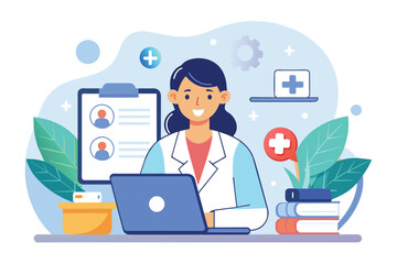Fototapeta premium A woman sitting in front of a laptop computer, engaging in online medical consultation service, online medical consultation service, Simple and minimalist flat Vector Illustration