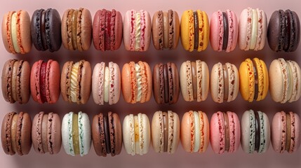   A row of macaroons is arranged against a pink background, with a single macaroon situated in the middle - obrazy, fototapety, plakaty