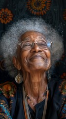 Naklejka premium An older woman with glasses and a colorful background. Generative AI.