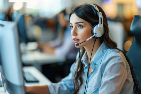 Woman operator focuses on work, seated at desk with computer and headset.