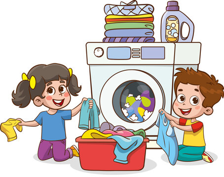 kids doing laundry with washing machine clip art preview