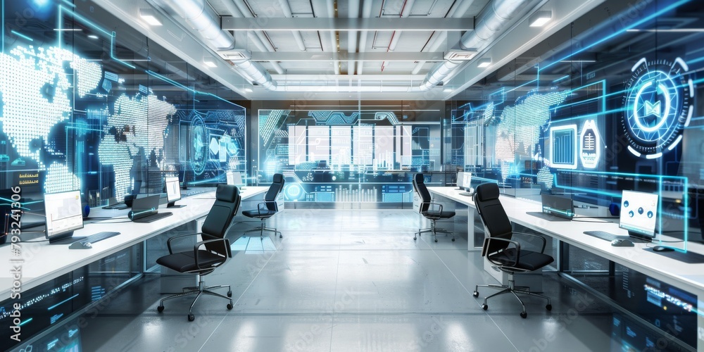 Poster Global Cyber Command Center: Futuristic Control Room with Advanced Digital Interfaces for Monitoring and Security Operations, Generative AI