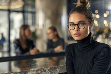 A beautiful girl with glasses and long hair tied in a ponytail charms the office environment among...