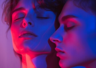 Obraz premium A couple with their eyes closed in deep thought, captured on a purple blue background. An atmosphere filled with mystery and romanticism. Clean sharp focus. 