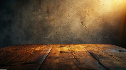 In a dimly lit room, an old, sturdy wooden table claims the spotlight, bathed in a pool of warm, golden light that highlights its imperfections and tells a story of its longevity - obrazy, fototapety, plakaty