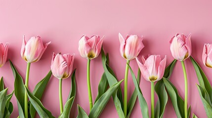 A stunning arrangement of pink tulips set against a soft pink backdrop symbolizing both International Women s Day and Mother s Day creating the perfect flat lay with ample space for copy - obrazy, fototapety, plakaty
