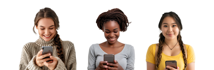 Set of ecstatic women from various races holding cellphones, Isolated on Transparent Background, PNG