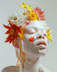 A contemporary art piece featuring a headless mannequin adorned with a colorful array of vibrant flowers against a white backdrop