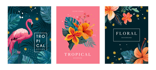 Set of tropical postcards with beautiful exotic flowers,pink flamingo b tropical leaves. Collection of vector templates for postcards, invitations, promotional materials.