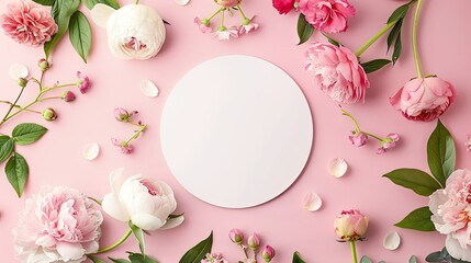 An aerial snapshot captures the essence of Saint Valentine s Day with a white blank circle surrounded by delicate spring flowers like pink peonies and roses set against a soft pastel pink b