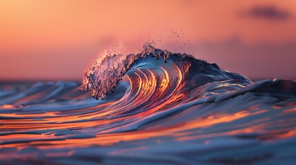 In the calm of sunset, a single, magnificent wave rises high above the ocean's surface, its colors a mesmerizing blend that mirrors the sky's twilight palette
