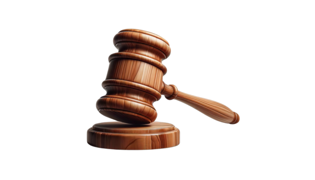 A wooden judge's gavel resting on a sound block on a transparent background.