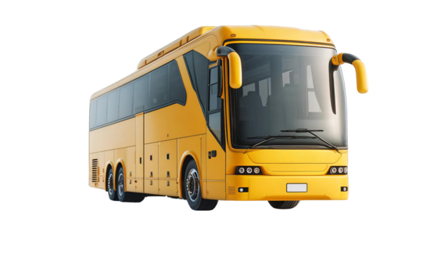 A yellow bus with black windows and silver headlights.