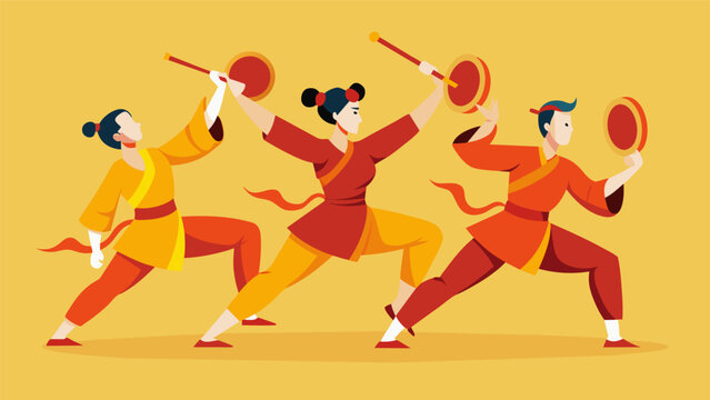 The rhythmic sound of drums intensifies as a group of athletes perform a synchronized wushu routine showcasing the disciplines athletic and
