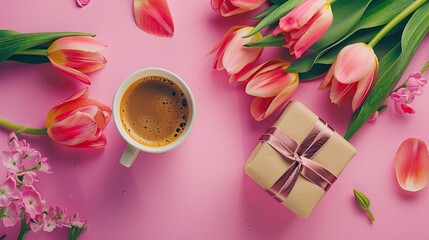 Celebrate International Mother s Day with a vibrant greeting featuring tulips a thoughtful gift and a cup of coffee set against a pretty pink backdrop