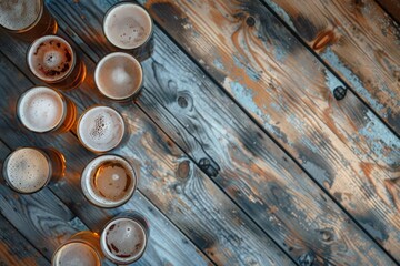 rustic wooden background with an aerial view of multiple beer glasses placed on the wood, rustic color palette Generative AI