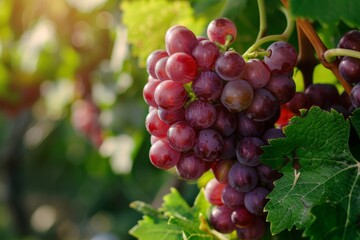 Ripe red grape bunches in a serene vineyard setting abundant with harvest-fresh fruit - Powered by Adobe