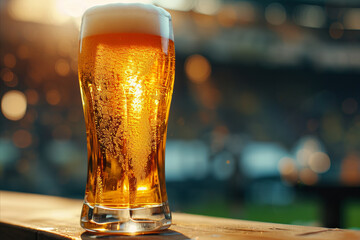 Glass of fresh and cold beer on soccer football stadium background