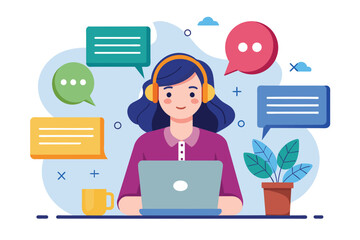Woman Typing on Laptop With Headphones, online service or customer support chat, Simple and minimalist flat Vector Illustration
