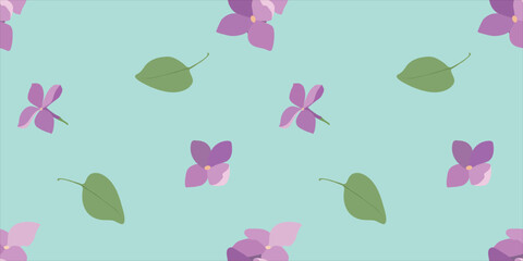 Print with lilac tiny flowers and leaves in the light mint background. Vintage and romantic botanic trendy wallpaper pattern. Vector illustration