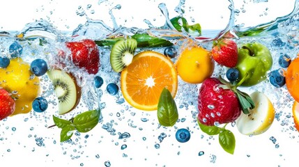 Assorted fresh fruits and vegetables splashing into water for healthy diet concept