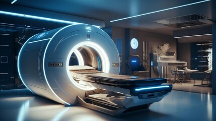 An advanced medical imaging machine in operation, showcasing its capabilities in a clinical setting, isolated to emphasize the technology and medical innovation.