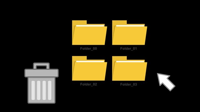 video animation computer folder files computer deleted in a trash bin digital software, on a transparent background with zero alpha channel