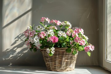 Delicate pink and white flowers in a wicker basket, bathed in sunlight near the window.