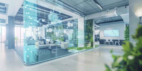 A Modern Office Interior with Advanced Technology Integration and a Clean, Smart Design Aesthetic, Generative AI
