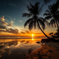 A serene beach sunset with silhouettes of palm trees and a calm sea, creating a peaceful and romantic evening atmosphere.