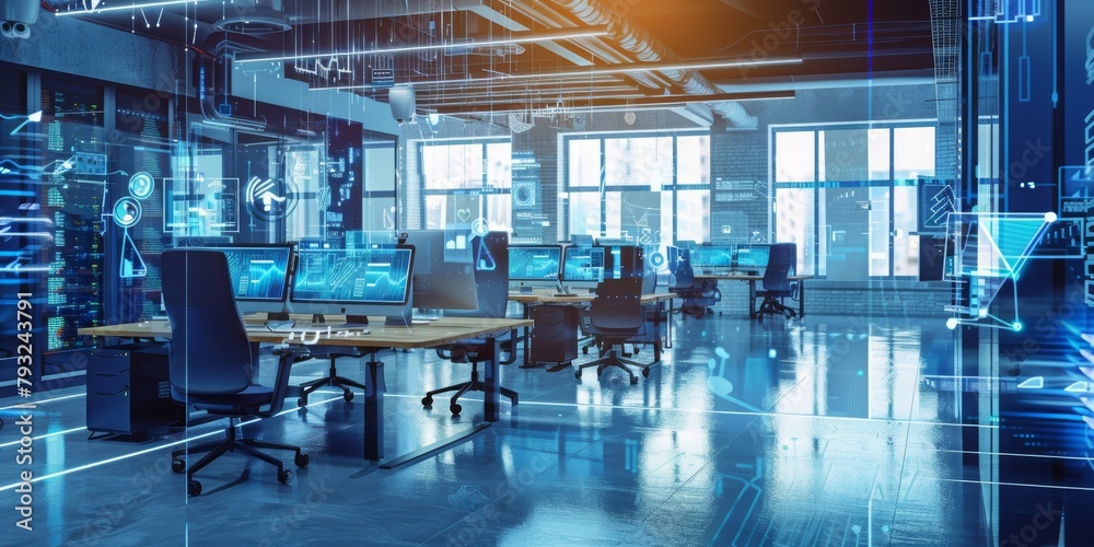 Poster Global Cyber Command Center: Futuristic Control Room with Advanced Digital Interfaces for Monitoring and Security Operations, Generative AI