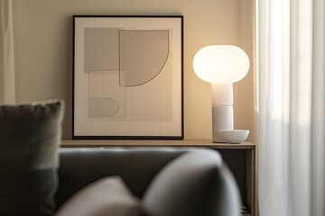 A square poster in a black frame stands on a chest of drawers along with an on-table lamp against a white wall background near a window with white curtains, in the foreground is a blurred gray sofa.