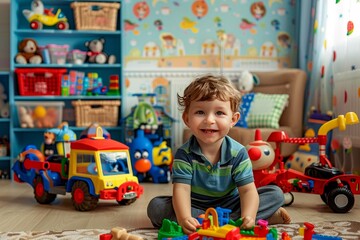 Colorful playroom decor with classic toys - perfect studio backdrop for child photography session
