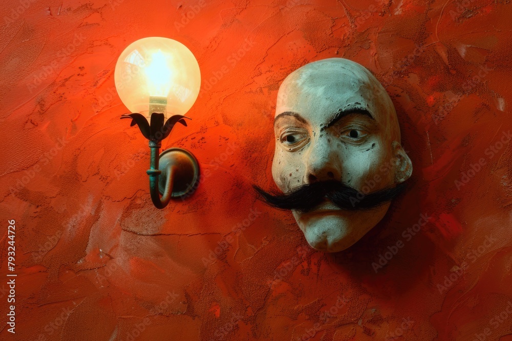 Aufkleber a man's face with a moustache painted on a wall next to a light bulb. perfect for creative concepts 