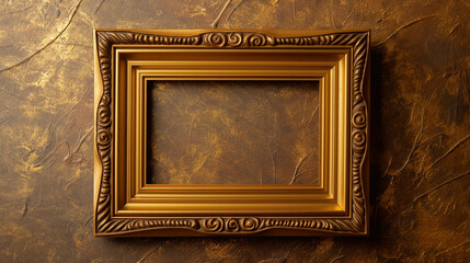 gold vintage empty frame on golden textured background, classical wall art, interior design,...