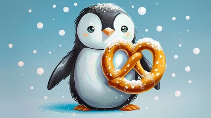 cute illustration of a penguin who hold a delicious fresh salty pretzel - obrazy, fototapety, plakaty