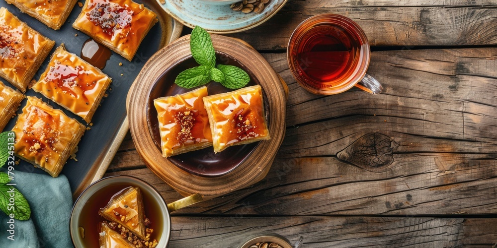 Poster a table set with a variety of food and tea cups. ideal for food and beverage concepts