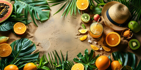 Tropical fruit and a straw hat on sandy beach backdrop with green foliage. Concept summer vacation. Copy space, banner - obrazy, fototapety, plakaty