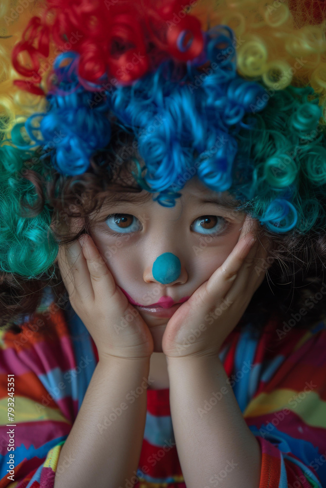 Sticker A sad child with a clown wig and colorful hair posing for a picture. Generative AI.