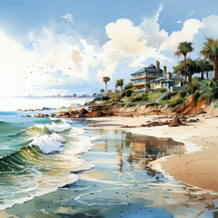 Naklejka premium Watercolor Beach Landscape, clipart Illustration, Generative Ai