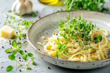 Fresh pasta and sprouts in a white bowl, perfect for food and cooking concepts