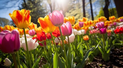 Closeup of vibrant tulips in full bloom under the spring sun, showcasing a variety of colors in a beautifully manicured public garden