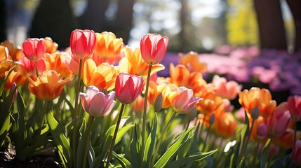 Closeup of vibrant tulips in full bloom under the spring sun, showcasing a variety of colors in a beautifully manicured public garden