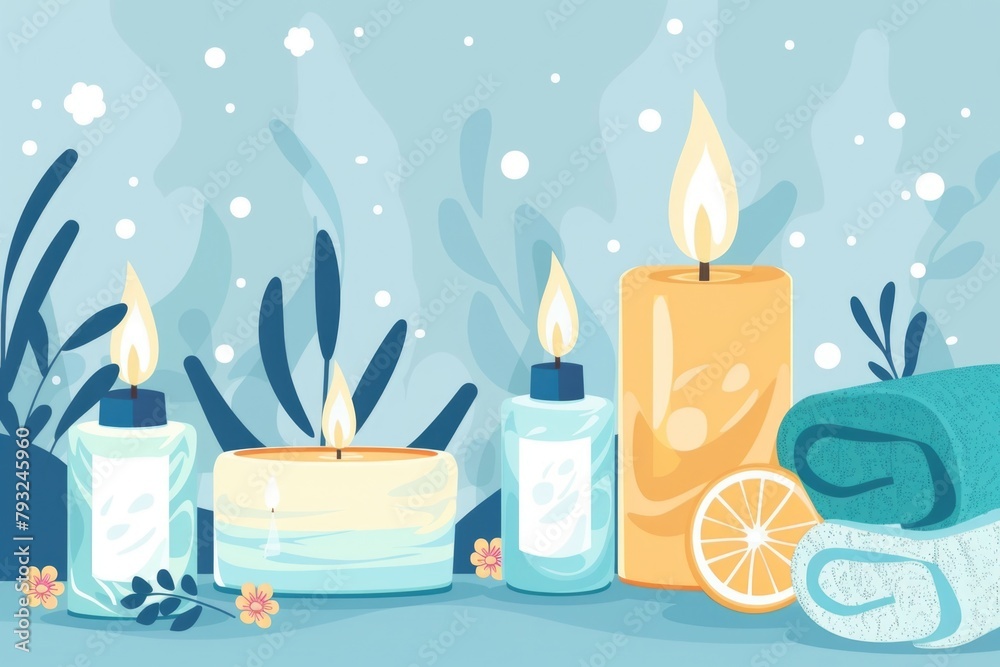 Poster candles and towels arranged on a table. great for spa or relaxation concepts